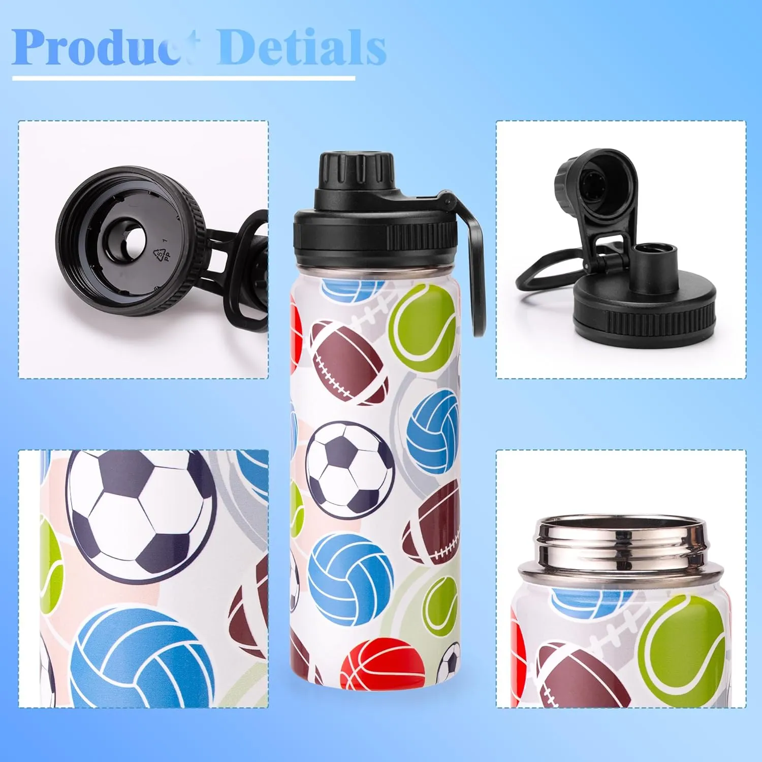 18oz Insulated Water Bottle with Straw Lid & Spout Lid, Sports Balls, Gift for Kids Boys Girls to School Travel Fitness Hiking Outdoors, Double Wall 18/8 Stainless Steel, Hands Wash Only
