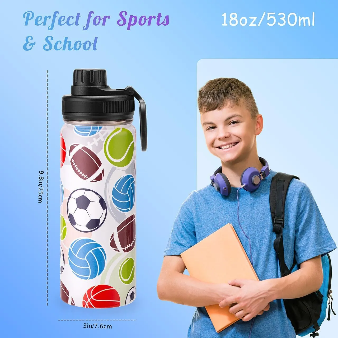 18oz Insulated Water Bottle with Straw Lid & Spout Lid, Sports Balls, Gift for Kids Boys Girls to School Travel Fitness Hiking Outdoors, Double Wall 18/8 Stainless Steel, Hands Wash Only