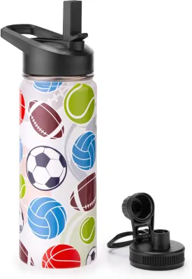18oz Insulated Water Bottle with Straw Lid & Spout Lid, Sports Balls, Gift for Kids Boys Girls to School Travel Fitness Hiking Outdoors, Double Wall 18/8 Stainless Steel, Hands Wash Only