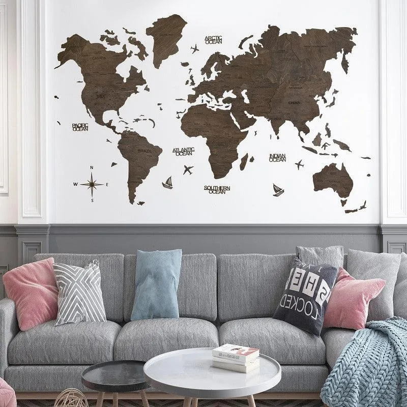 2D Wooden World Map Ebony Prime