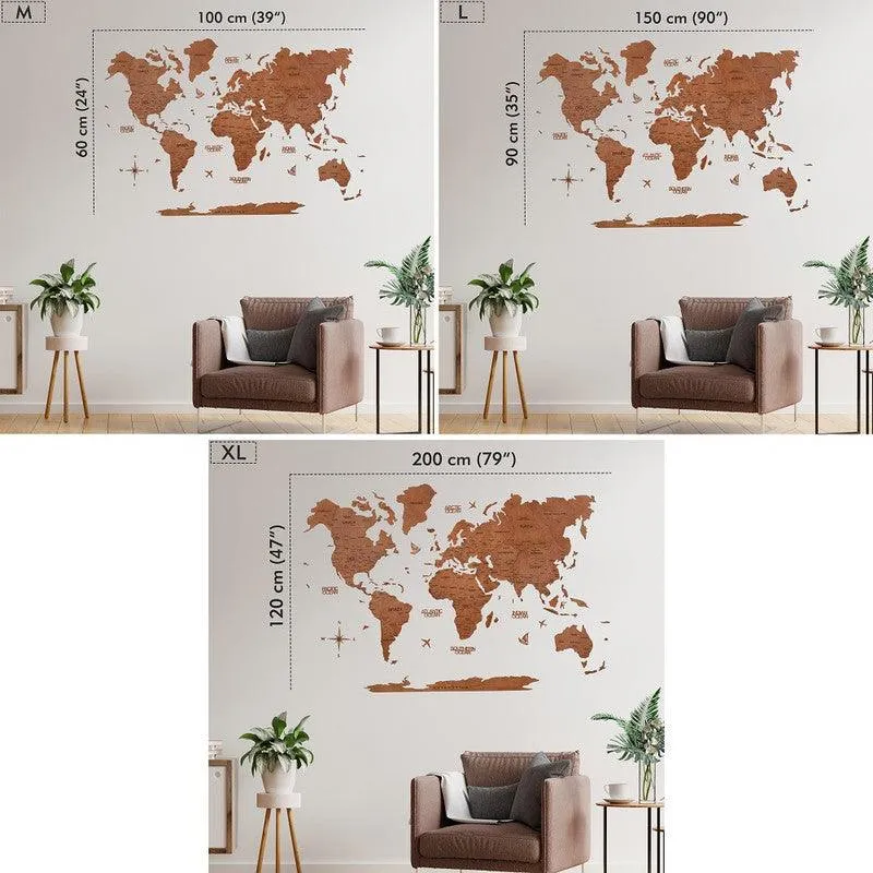 2D Wooden World Map Pecan Basic