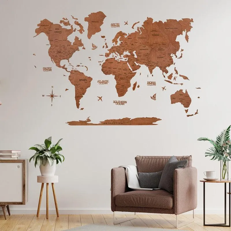 2D Wooden World Map Pecan Basic