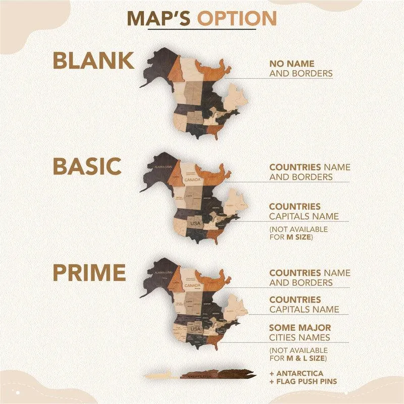 2D Wooden World Map Pecan Basic