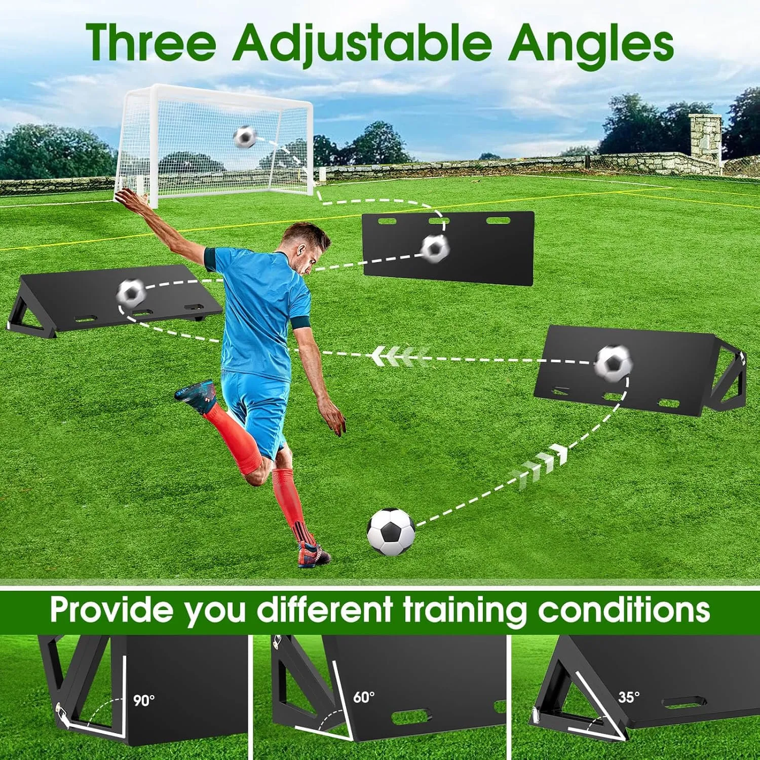 3 Angles Soccer Rebounder Board, Foldable Rebounder Soccer Wall, Portable Soccer Goal Kick Back Trainer for Passing and Bounce Back Training