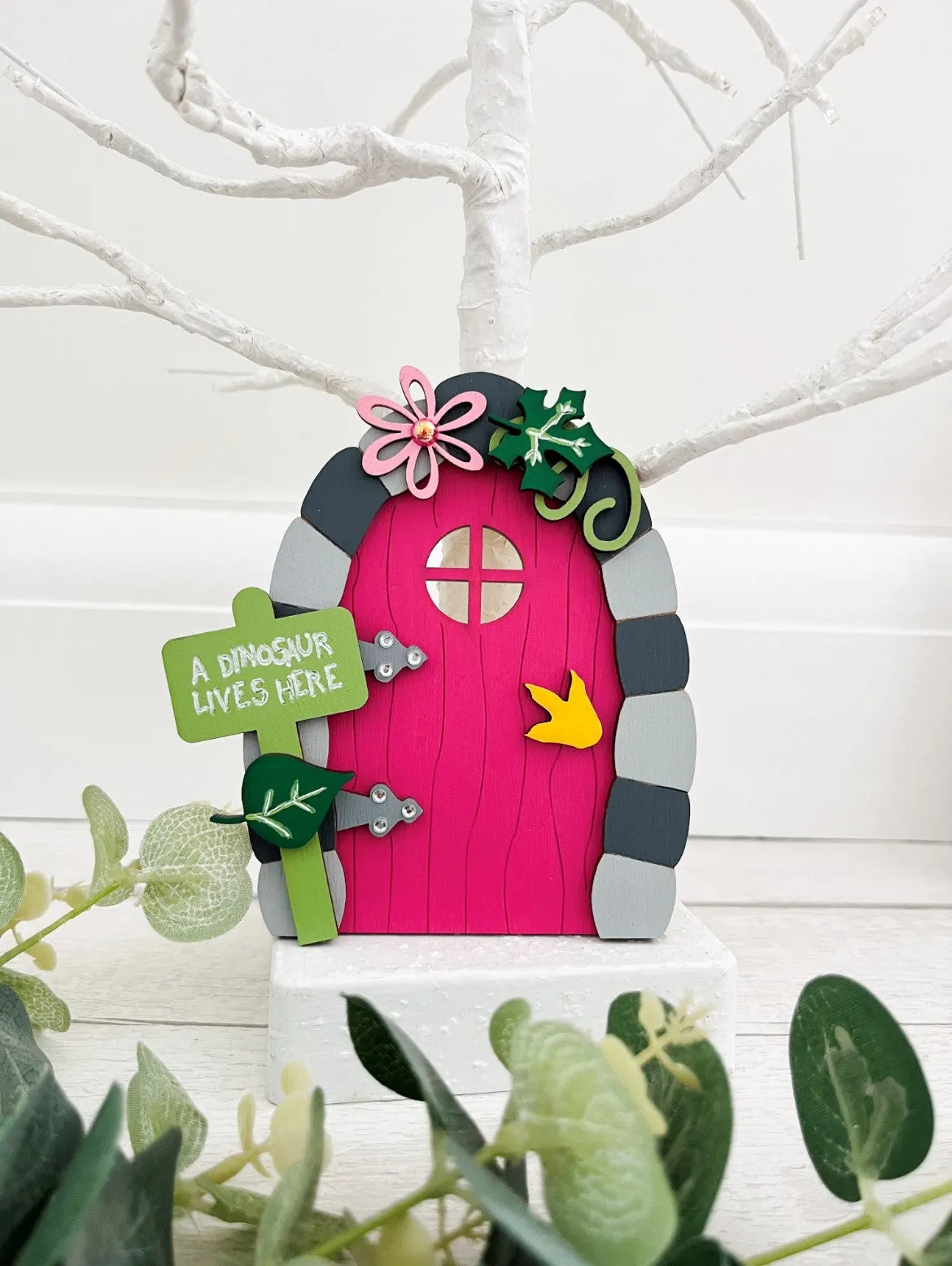 A Dinosaur Lives Here, Pink Fairy Door Decoration