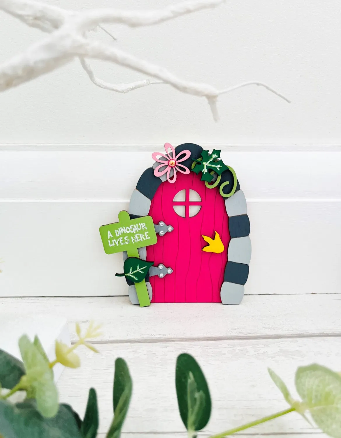 A Dinosaur Lives Here, Pink Fairy Door Decoration