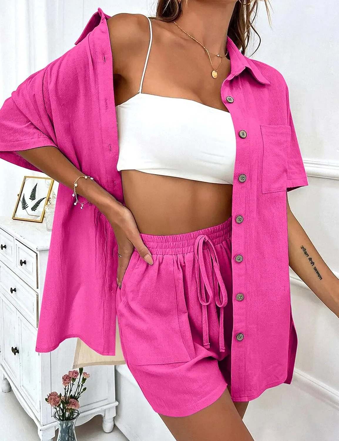 APAFES Women Summer Cotton Linen Short Sets 2 Piece Shorts Top Lounge Beach Vacation Two Piece Outfits Tracksuits