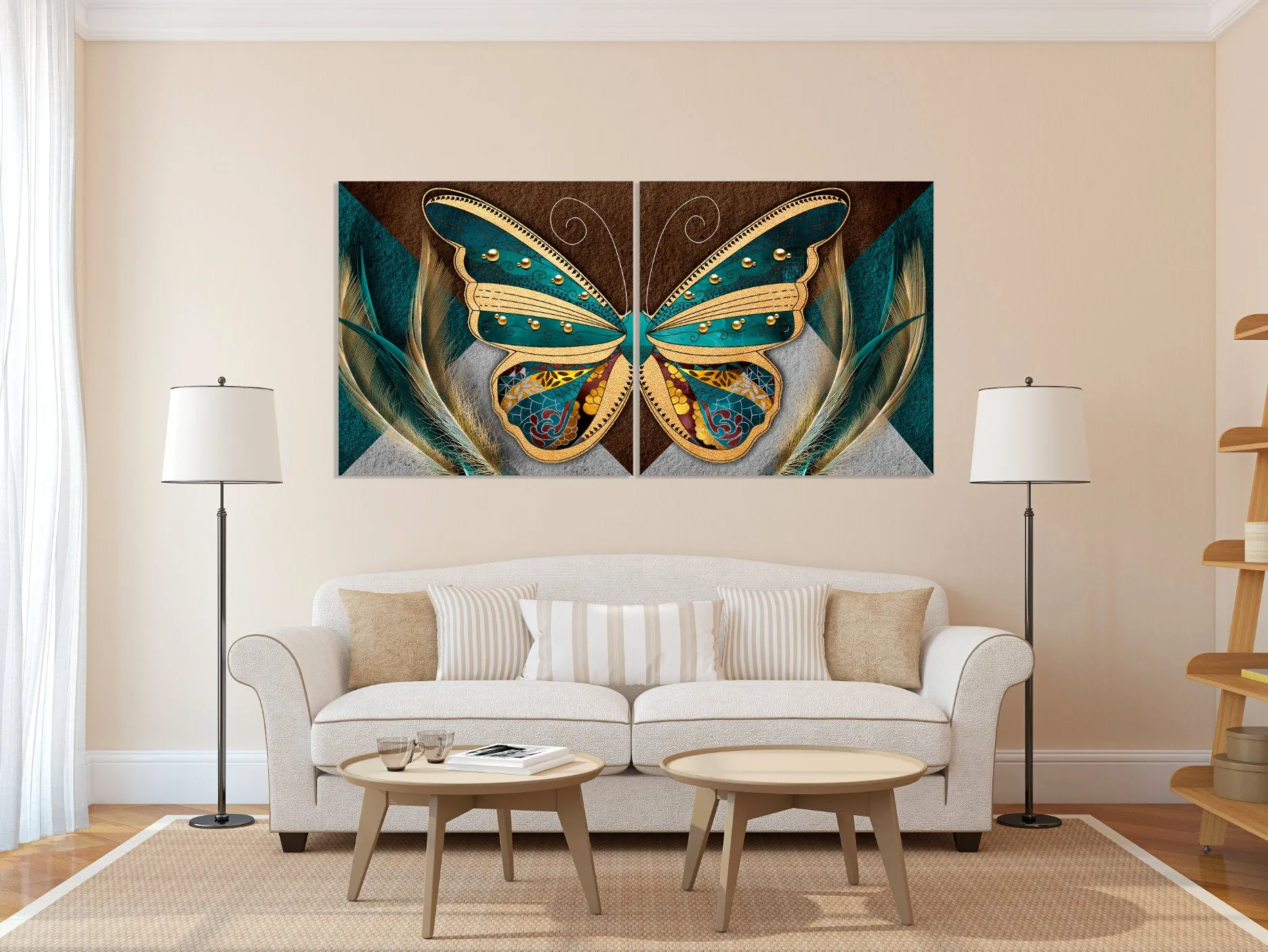 Butterfly wall decor prints, feather wall art, long large wall art oversized horizontal canvas painting