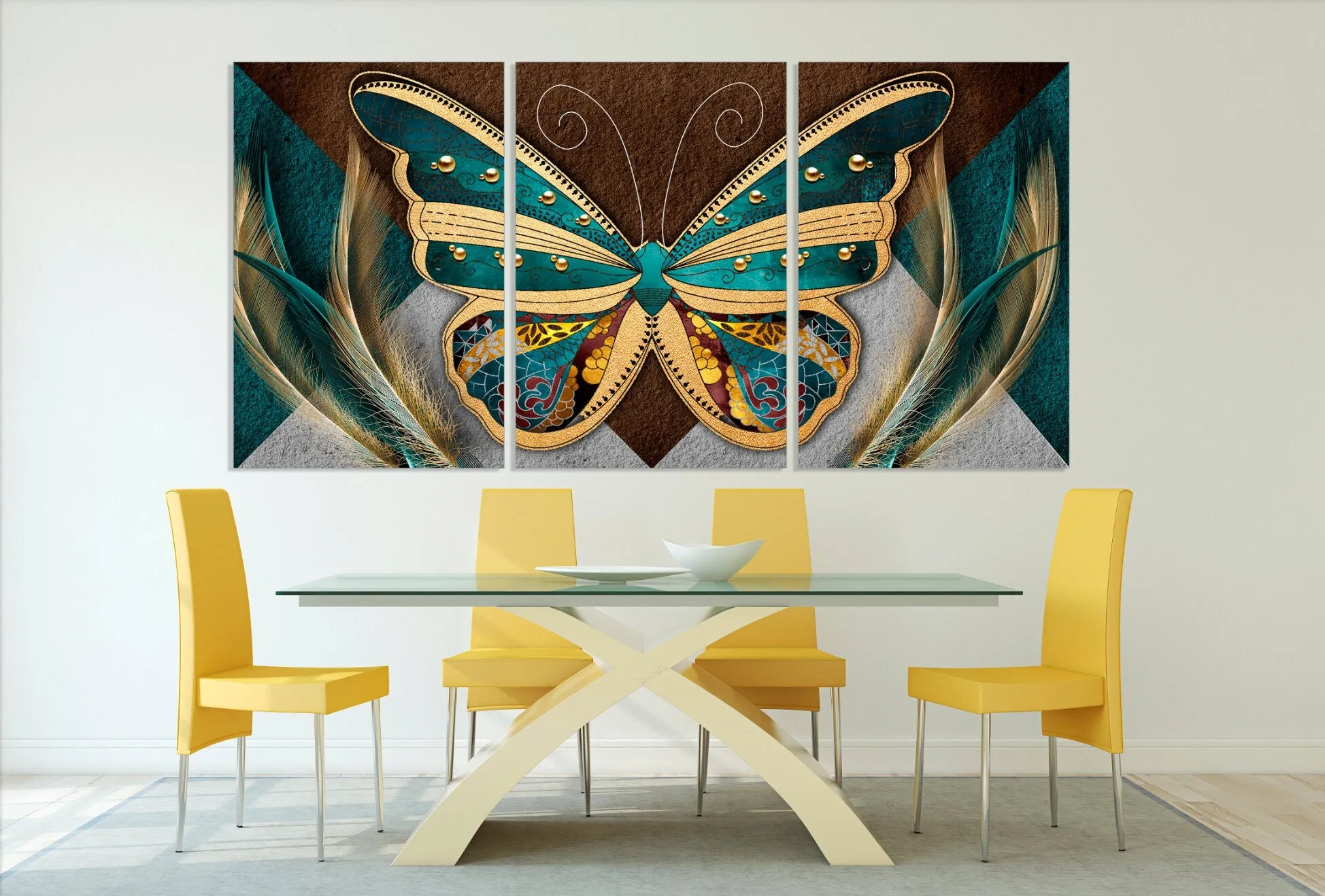 Butterfly wall decor prints, feather wall art, long large wall art oversized horizontal canvas painting