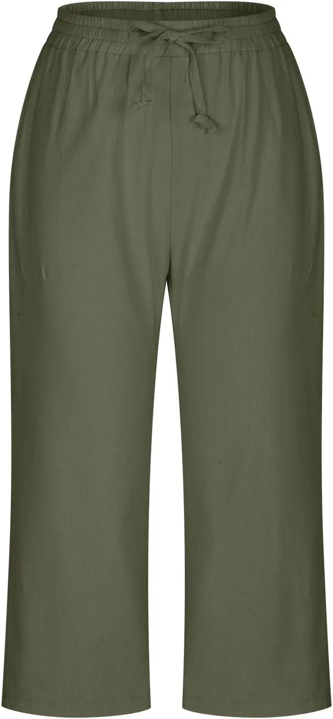 Capri Pants for Women Casual Summer Drawstring Elastic High Waist Linen Pants Baggy Straight Leg Cropped Trousers