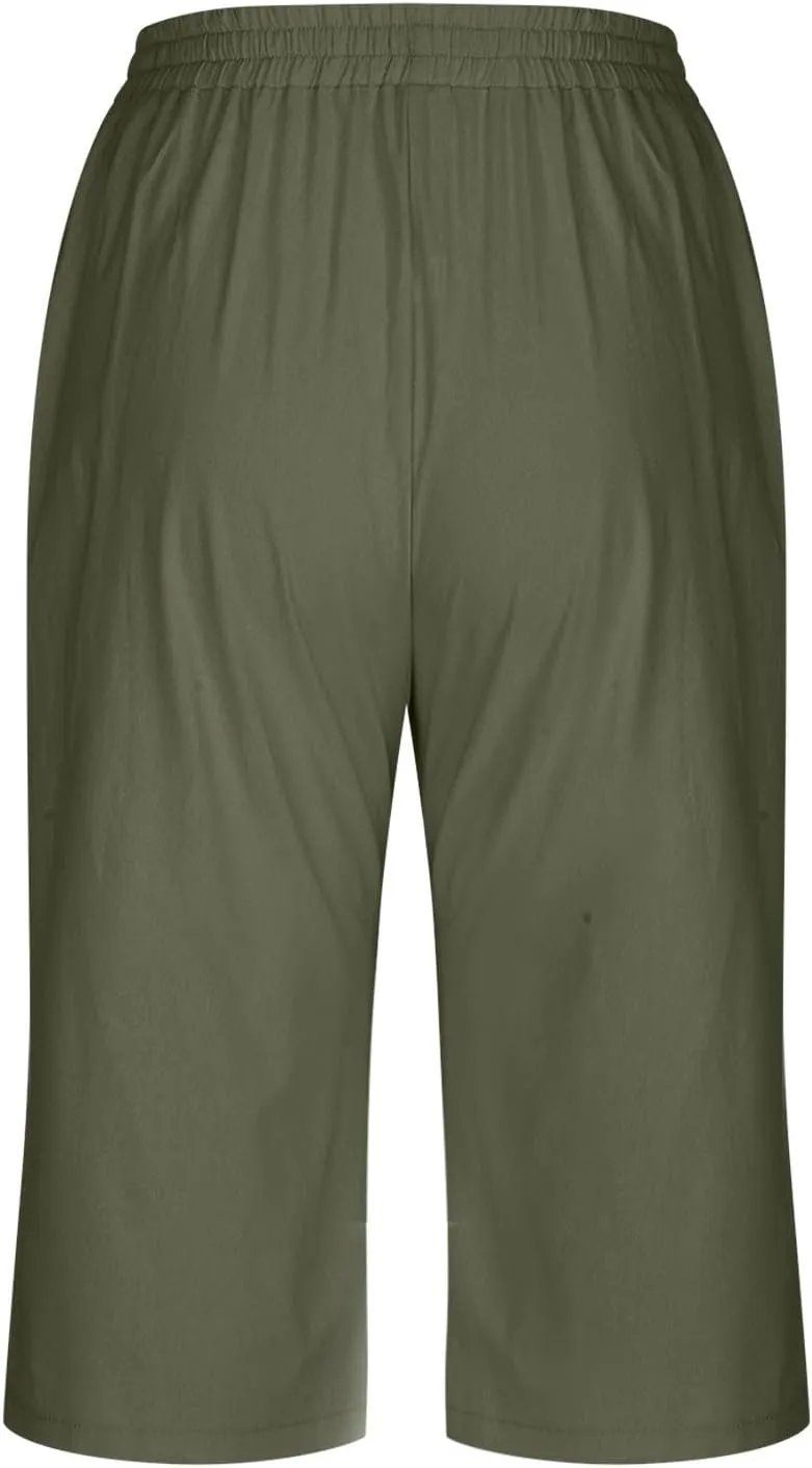 Capri Pants for Women Casual Summer Drawstring Elastic High Waist Linen Pants Baggy Straight Leg Cropped Trousers