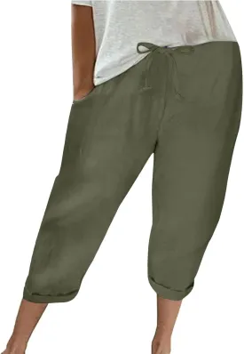 Capri Pants for Women Casual Summer Drawstring Elastic High Waist Linen Pants Baggy Straight Leg Cropped Trousers