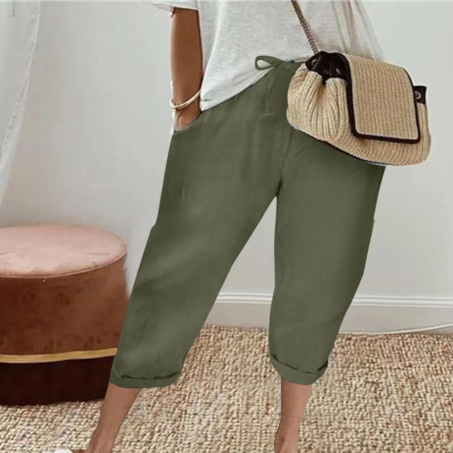 Capri Pants for Women Casual Summer Drawstring Elastic High Waist Linen Pants Baggy Straight Leg Cropped Trousers