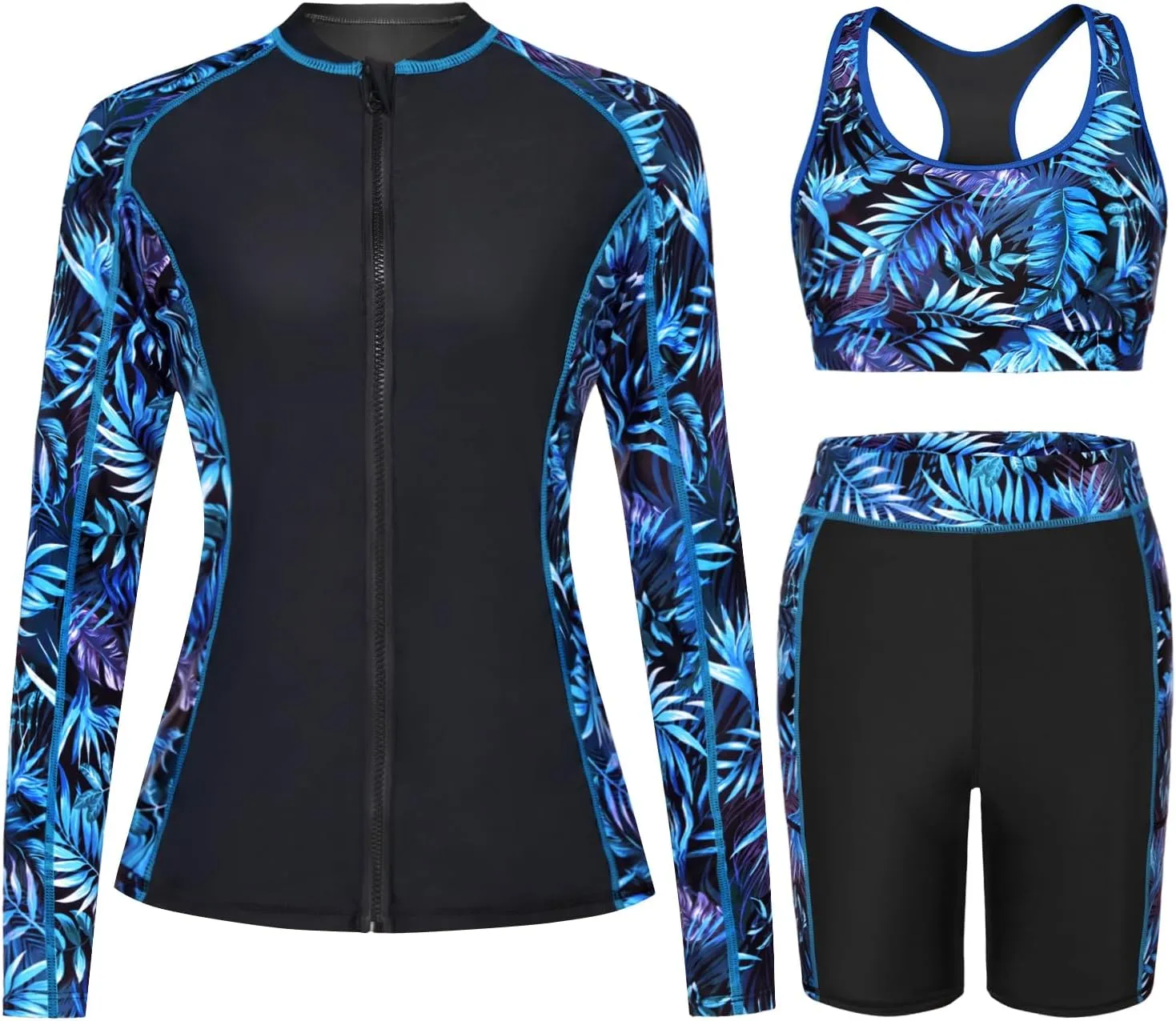 Daci Women Three Piece Rash Guard - 3PC Long Sleeve Zip up Swim Shirt Sports Bra with Boyleg Shorts