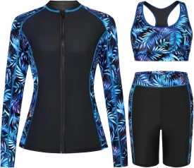 Daci Women Three Piece Rash Guard - 3PC Long Sleeve Zip up Swim Shirt Sports Bra with Boyleg Shorts
