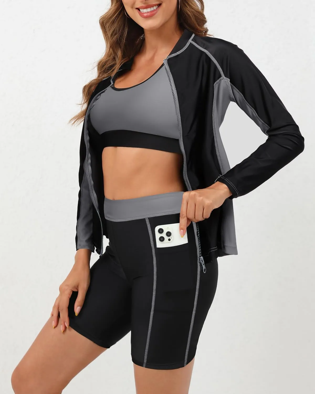 Daci Women Three Piece Rash Guard - 3PC Long Sleeve Zip up Swim Shirt Sports Bra with Boyleg Shorts