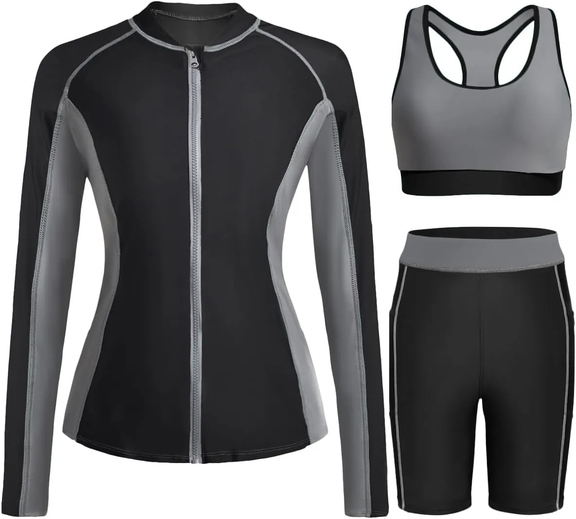 Daci Women Three Piece Rash Guard - 3PC Long Sleeve Zip up Swim Shirt Sports Bra with Boyleg Shorts