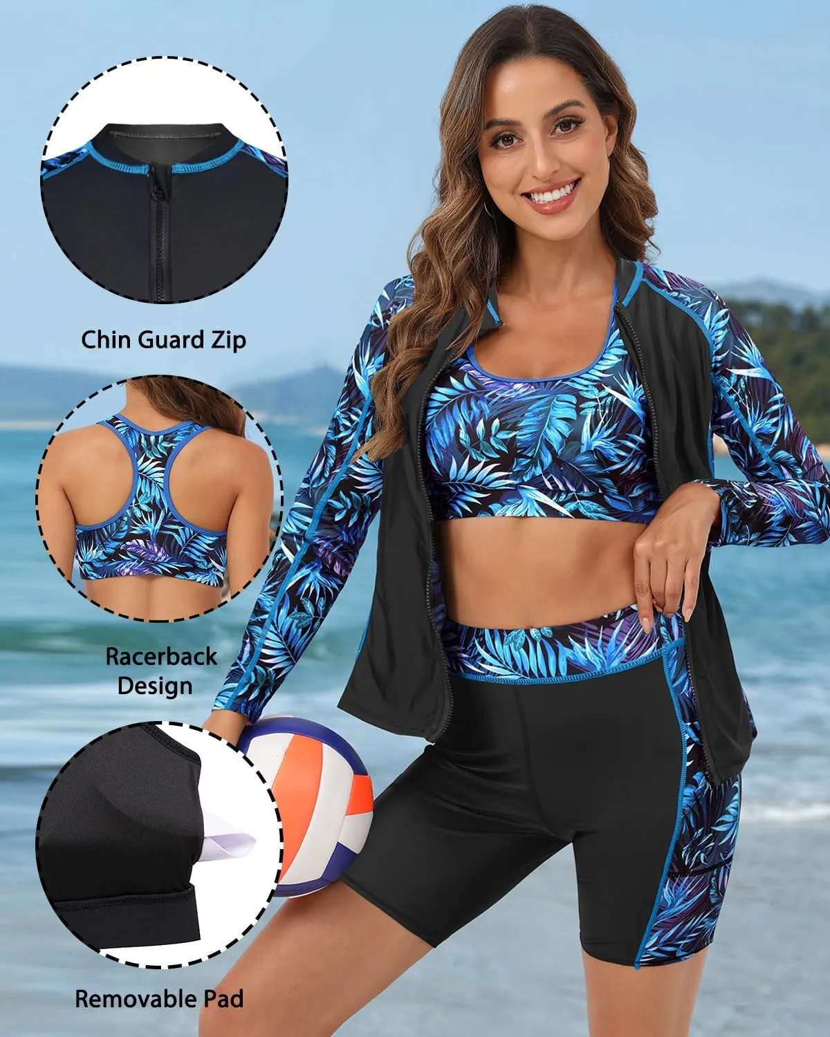 Daci Women Three Piece Rash Guard - 3PC Long Sleeve Zip up Swim Shirt Sports Bra with Boyleg Shorts