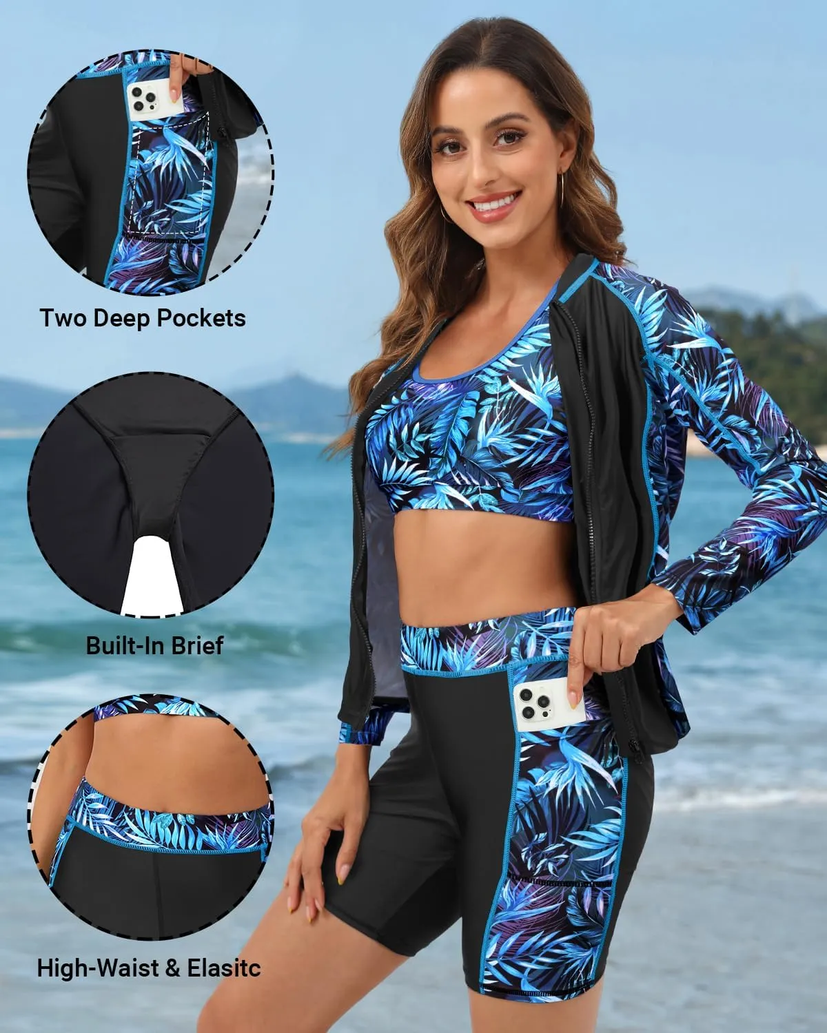 Daci Women Three Piece Rash Guard - 3PC Long Sleeve Zip up Swim Shirt Sports Bra with Boyleg Shorts