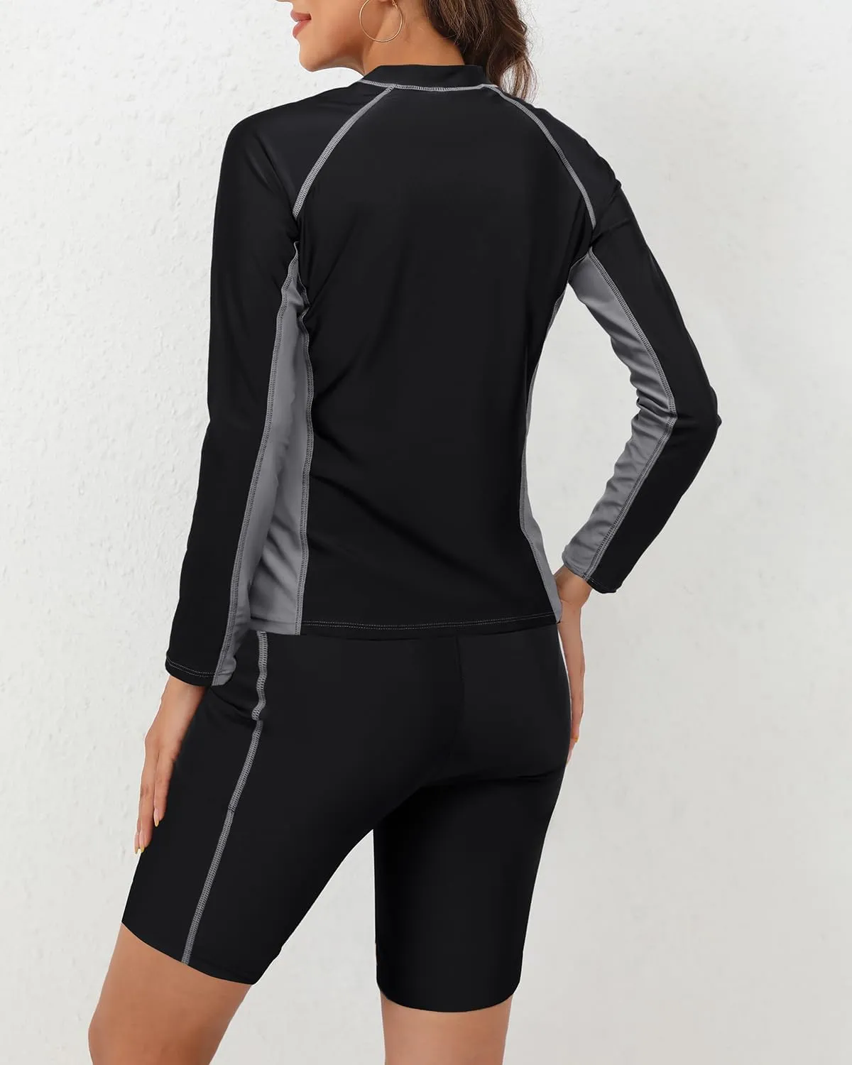 Daci Women Three Piece Rash Guard - 3PC Long Sleeve Zip up Swim Shirt Sports Bra with Boyleg Shorts