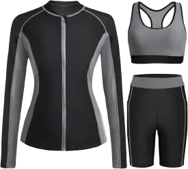 Daci Women Three Piece Rash Guard - 3PC Long Sleeve Zip up Swim Shirt Sports Bra with Boyleg Shorts