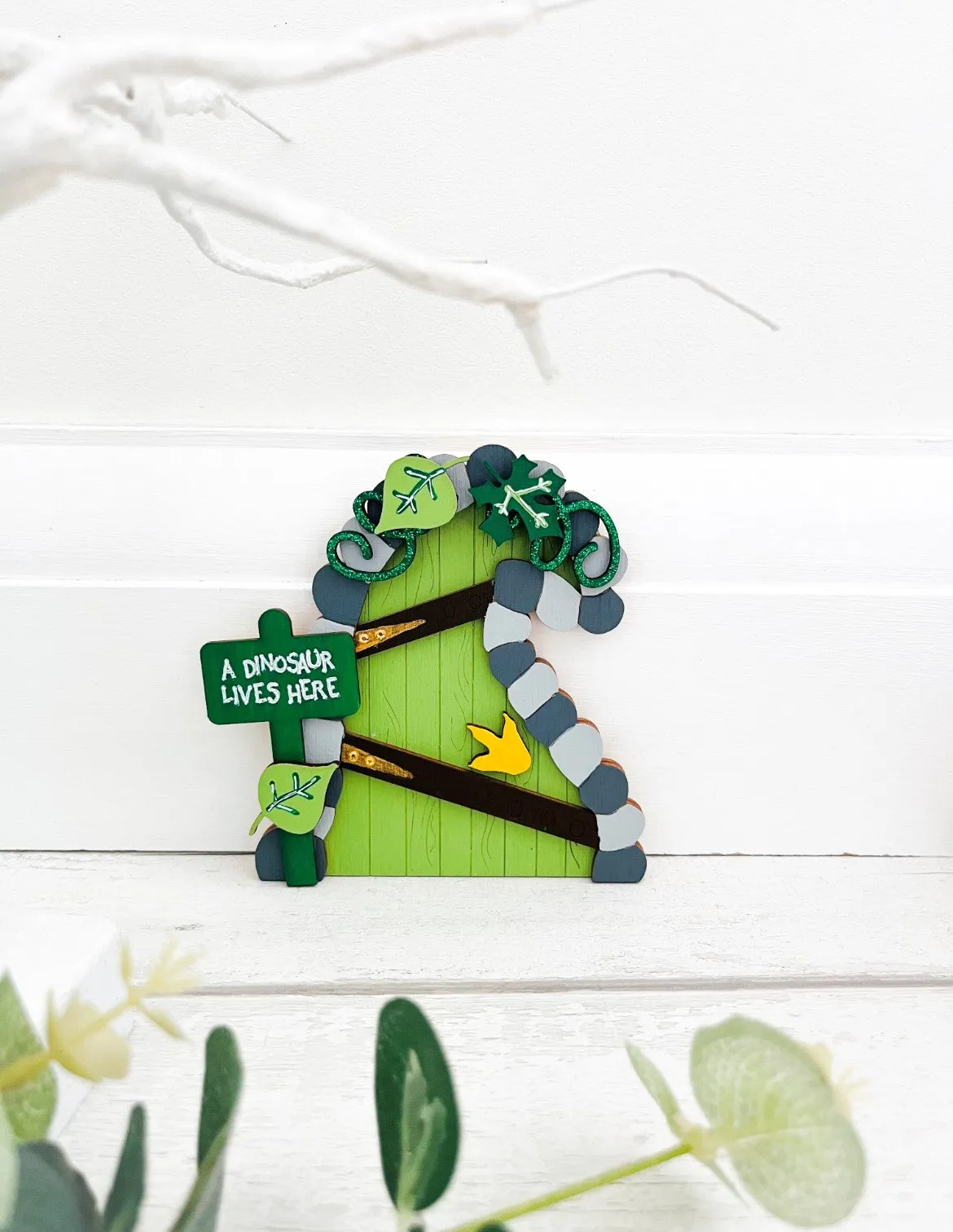 Green Dinosaur Lives Here, Fairy Door Wall Decoration