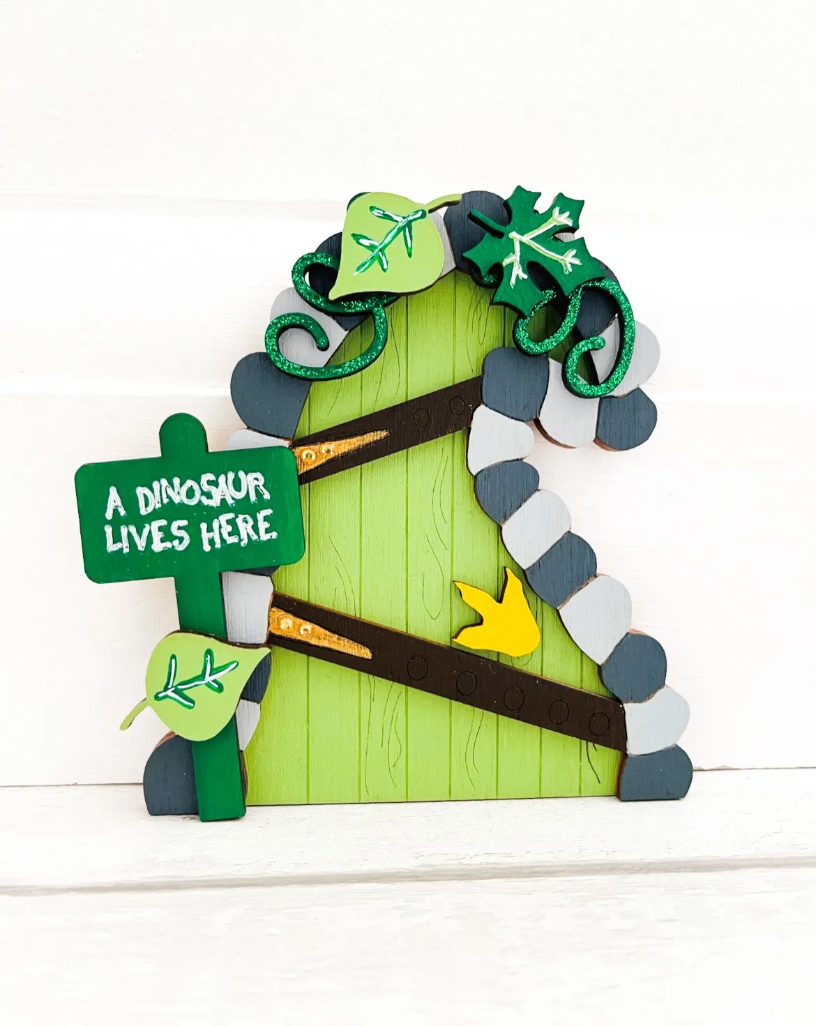 Green Dinosaur Lives Here, Fairy Door Wall Decoration