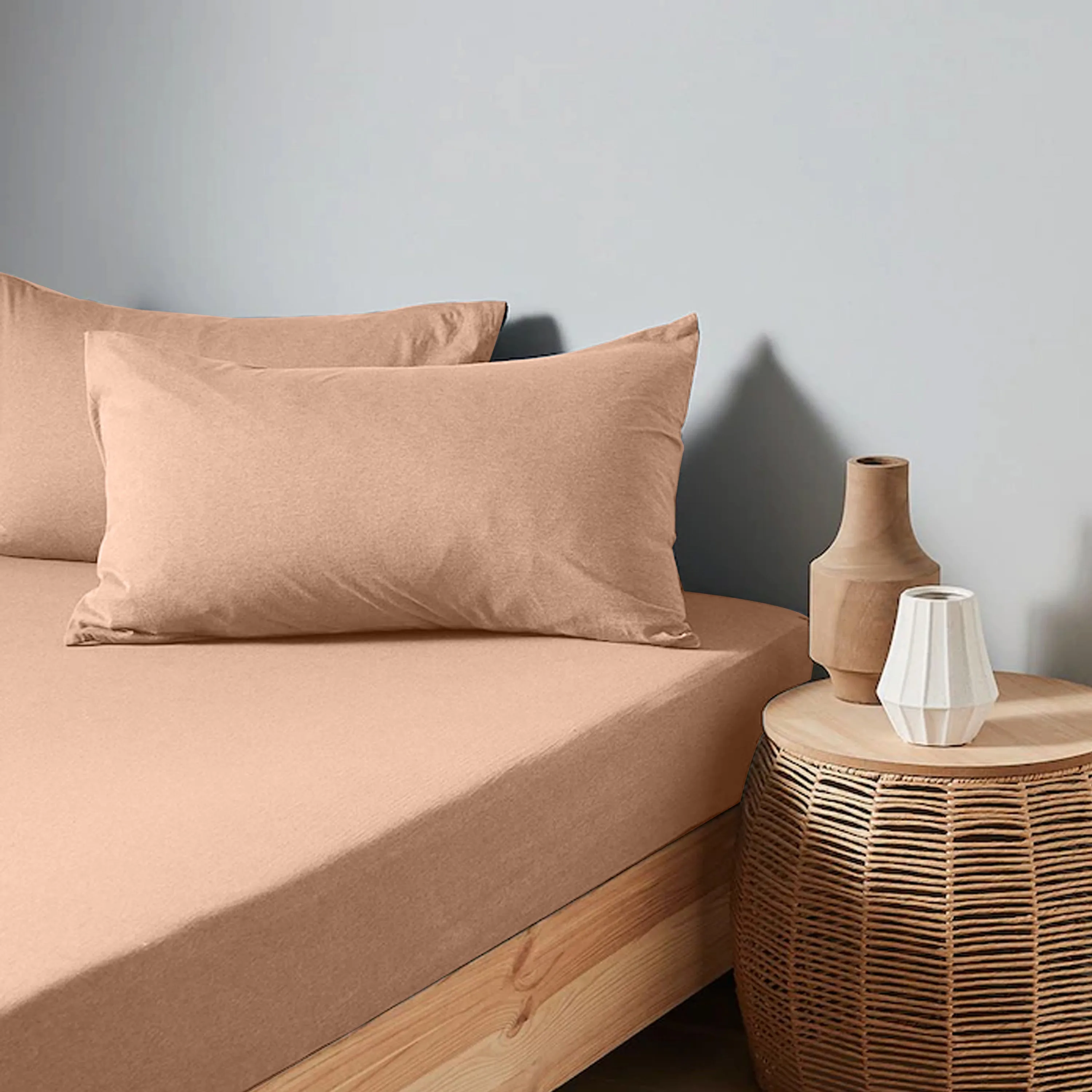 High Quality Beige Cotton Jersey Queen 3 Piece Fitted Sheet Set 180x200 30cm with Deep Pockets and 2 Pillow Case