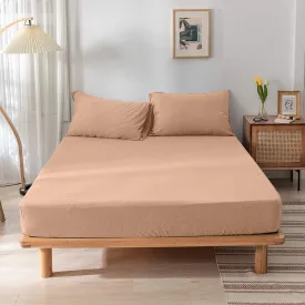 High Quality Beige Cotton Jersey Queen 3 Piece Fitted Sheet Set 180x200 30cm with Deep Pockets and 2 Pillow Case
