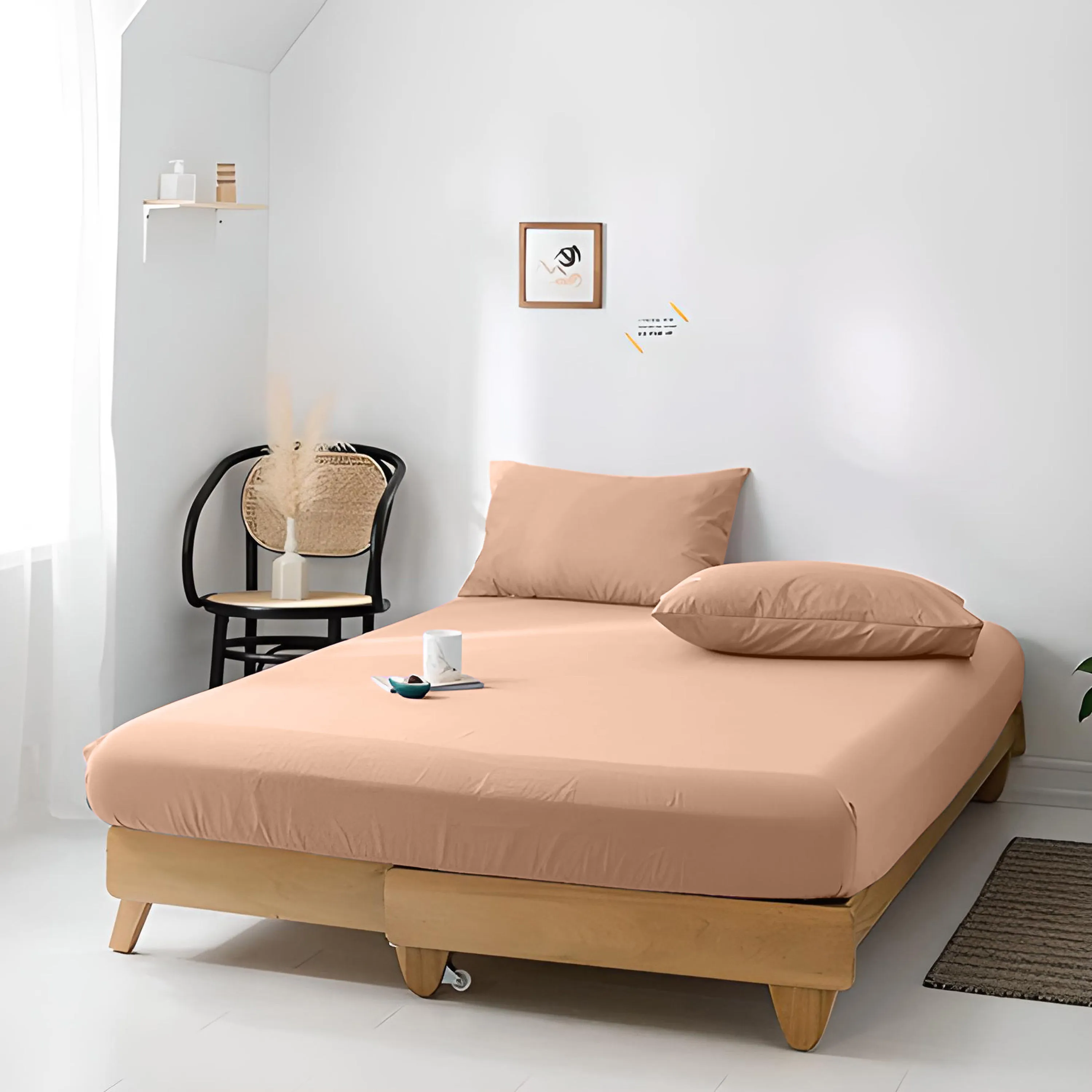 High Quality Beige Cotton Jersey Queen 3 Piece Fitted Sheet Set 180x200 30cm with Deep Pockets and 2 Pillow Case