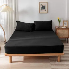 High Quality Black Cotton Jersey King 3 Piece Fitted Sheet Set 200x200 30cm with Deep Pockets and 2 Pillow Case