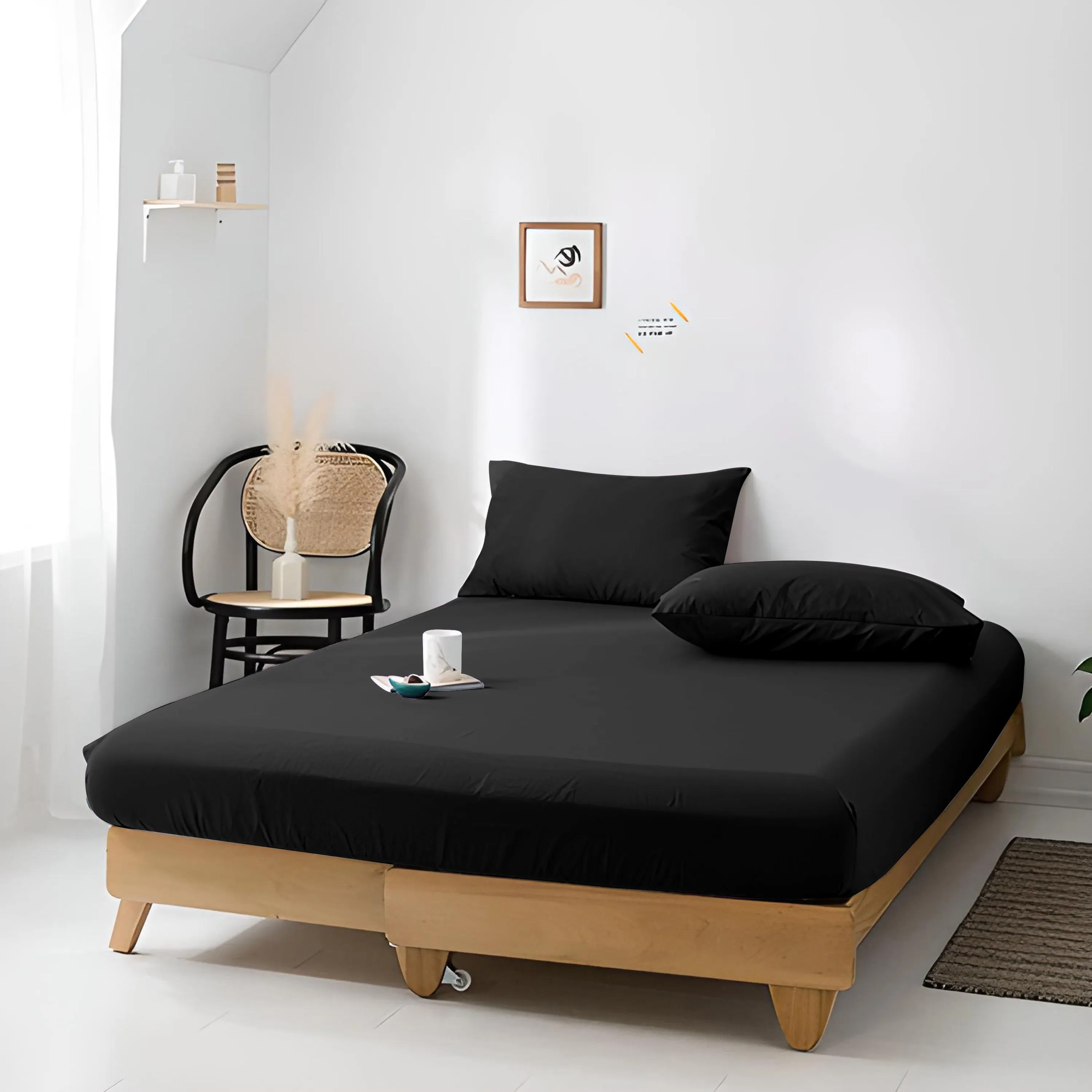 High Quality Black Cotton Jersey King 3 Piece Fitted Sheet Set 200x200 30cm with Deep Pockets and 2 Pillow Case