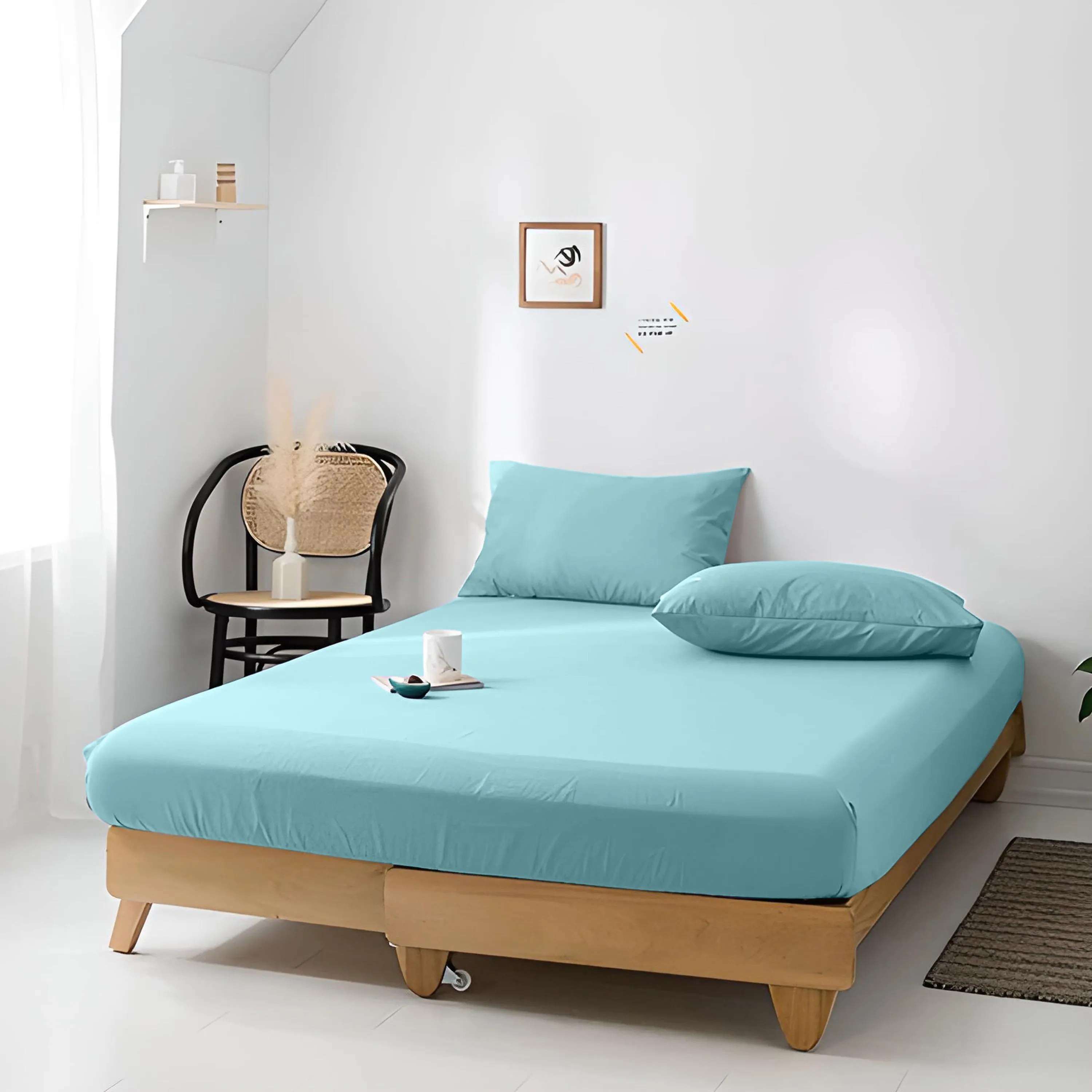High Quality Blue Cotton Jersey Queen 3 Piece Fitted Sheet Set 180x200 30cm with Deep Pockets and 2 Pillow Case