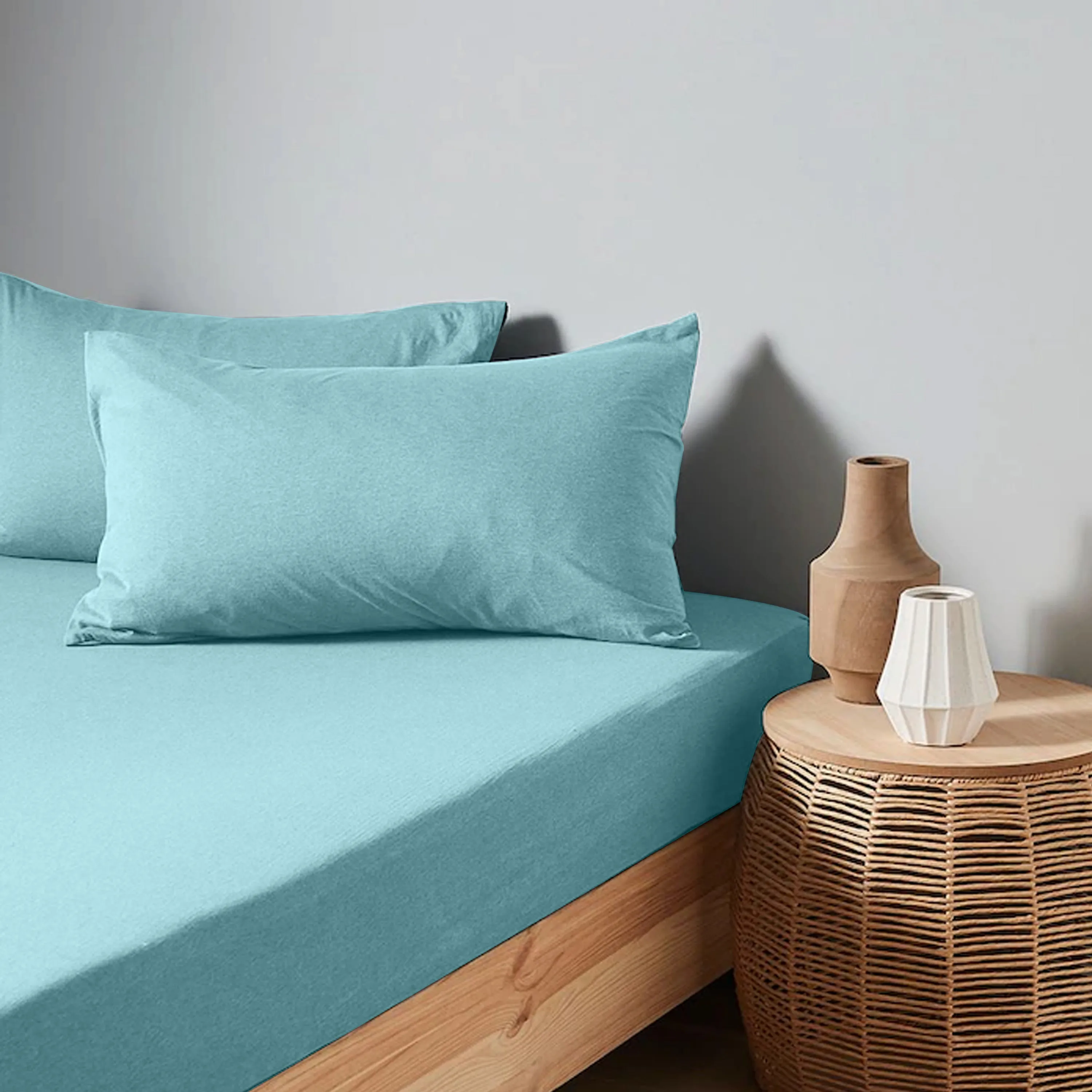 High Quality Blue Cotton Jersey Queen 3 Piece Fitted Sheet Set 180x200 30cm with Deep Pockets and 2 Pillow Case