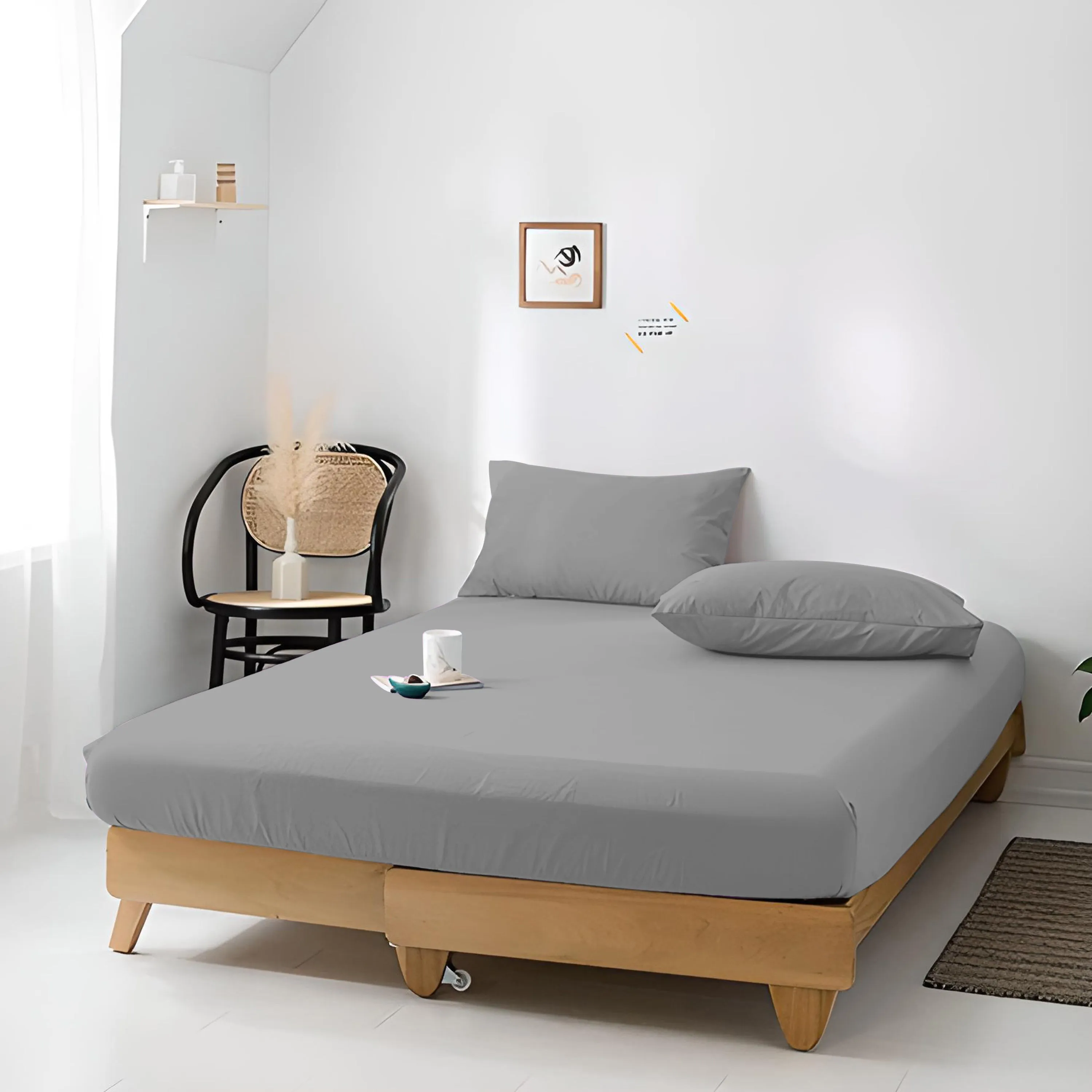 High Quality Grey Cotton Jersey Queen 3 Piece Fitted Sheet Set 180x200 30cm with Deep Pockets and 2 Pillow Case