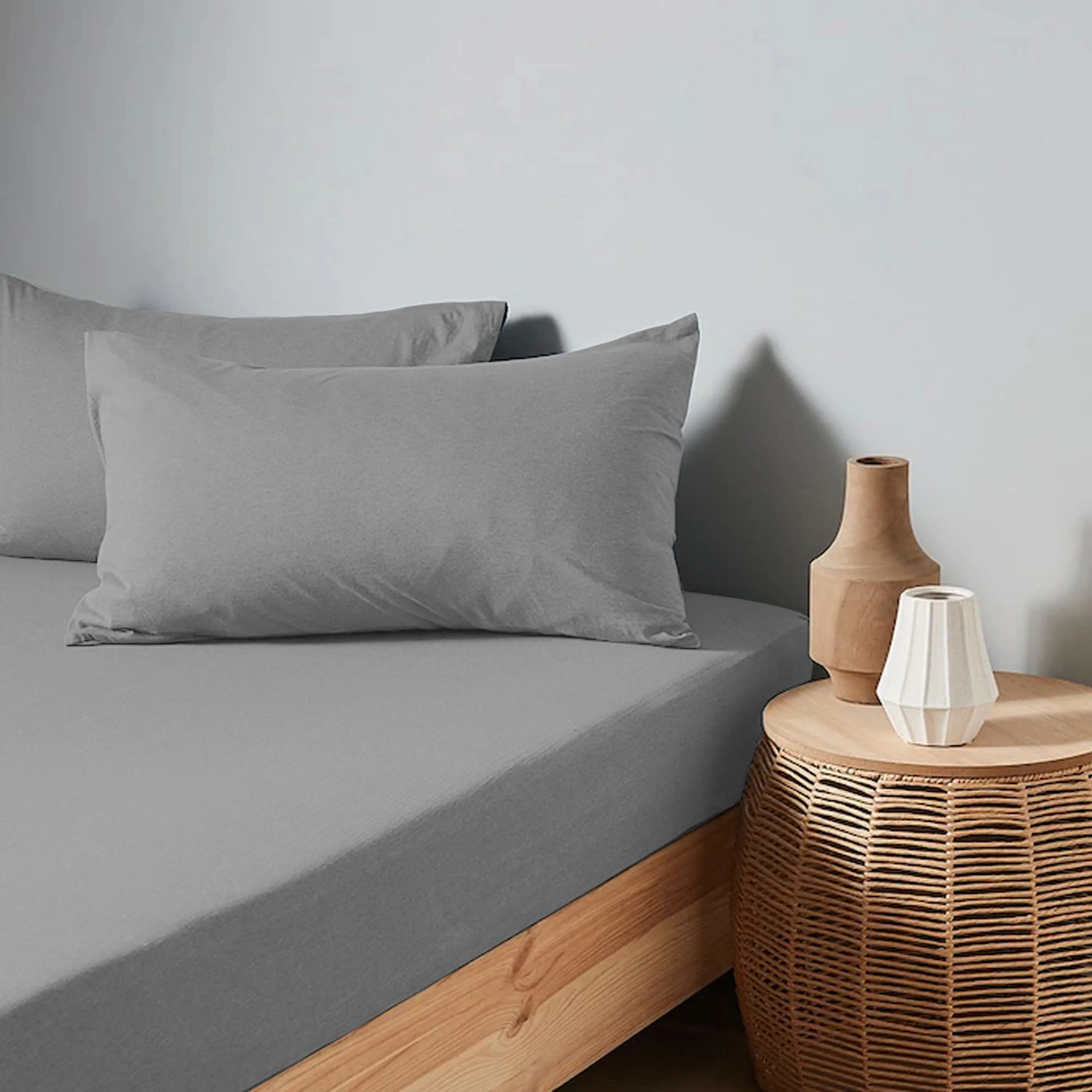 High Quality Grey Cotton Jersey Queen 3 Piece Fitted Sheet Set 180x200 30cm with Deep Pockets and 2 Pillow Case