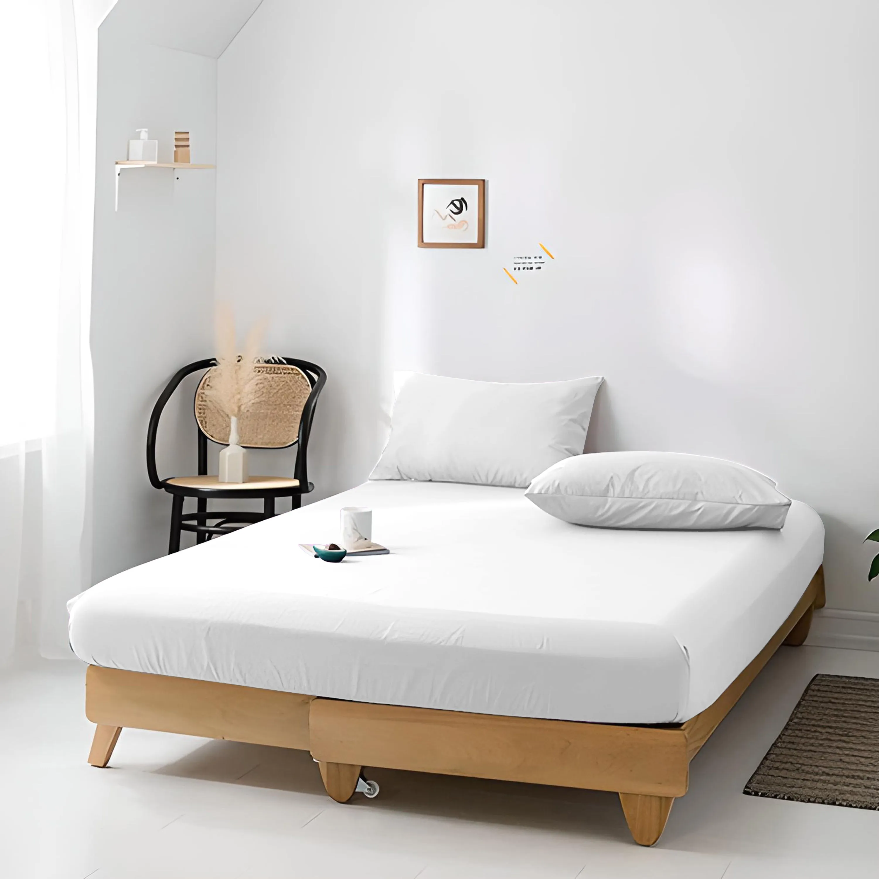 High Quality White Cotton Jersey Queen 3 Piece Fitted Sheet Set 180x200 30cm with Deep Pockets and 2 Pillow Case