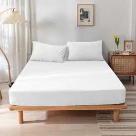 High Quality White Cotton Jersey Queen 3 Piece Fitted Sheet Set 180x200 30cm with Deep Pockets and 2 Pillow Case