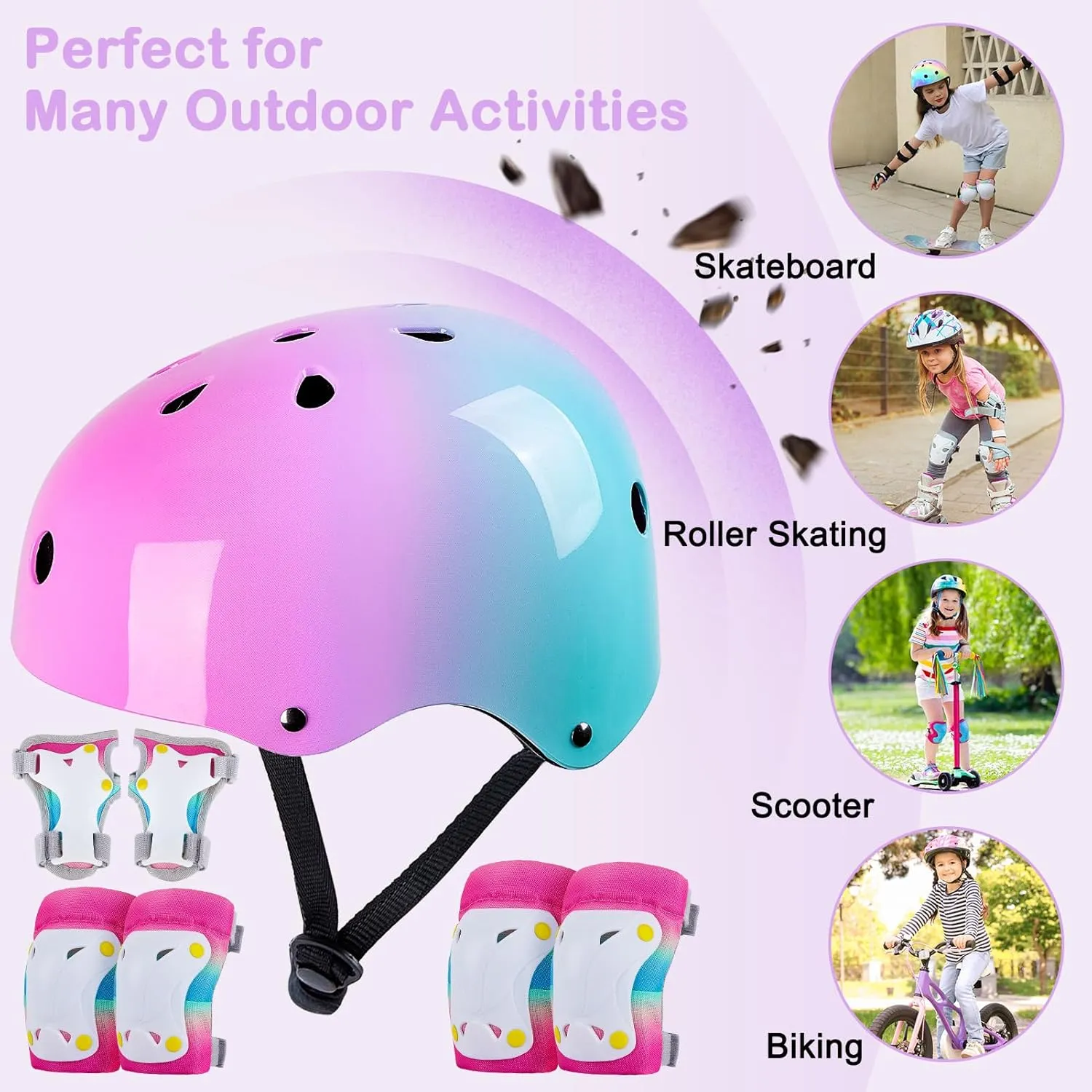 Kids Helmet, Toddler Bike Helmet with DIY Stickers Unicorn Knee Pads and Elbow Pads Set Adjustable Protective Gear Set for Girls Age 3-5-8 Years fit Roller Skates, Bicycle, Skateboarding, Scooter