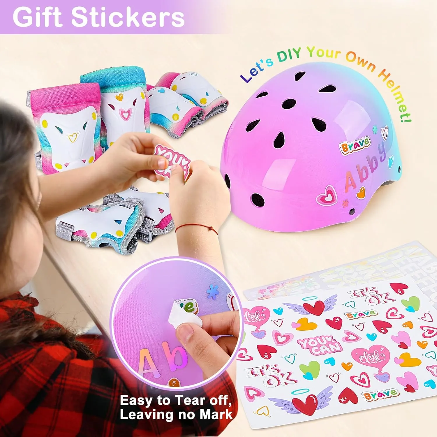 Kids Helmet, Toddler Bike Helmet with DIY Stickers Unicorn Knee Pads and Elbow Pads Set Adjustable Protective Gear Set for Girls Age 3-5-8 Years fit Roller Skates, Bicycle, Skateboarding, Scooter