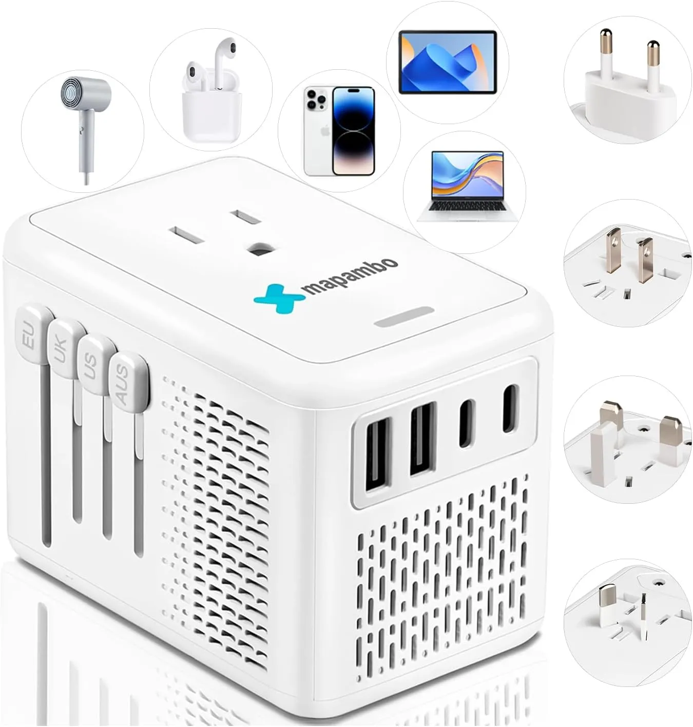 Mapambo 220V to 110V Voltage Converter US to Europe for Hair Dryer with Fast Charging 2 USB A 2 USB C, Power Converter Adapter Combo International Universal Travel Adapter A C G I (White)