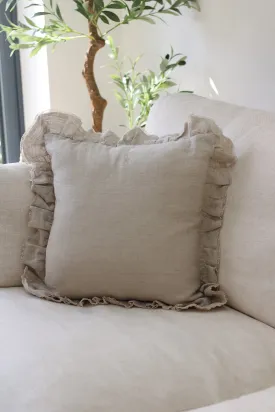 Natural Linen Ruffle Square Cushion