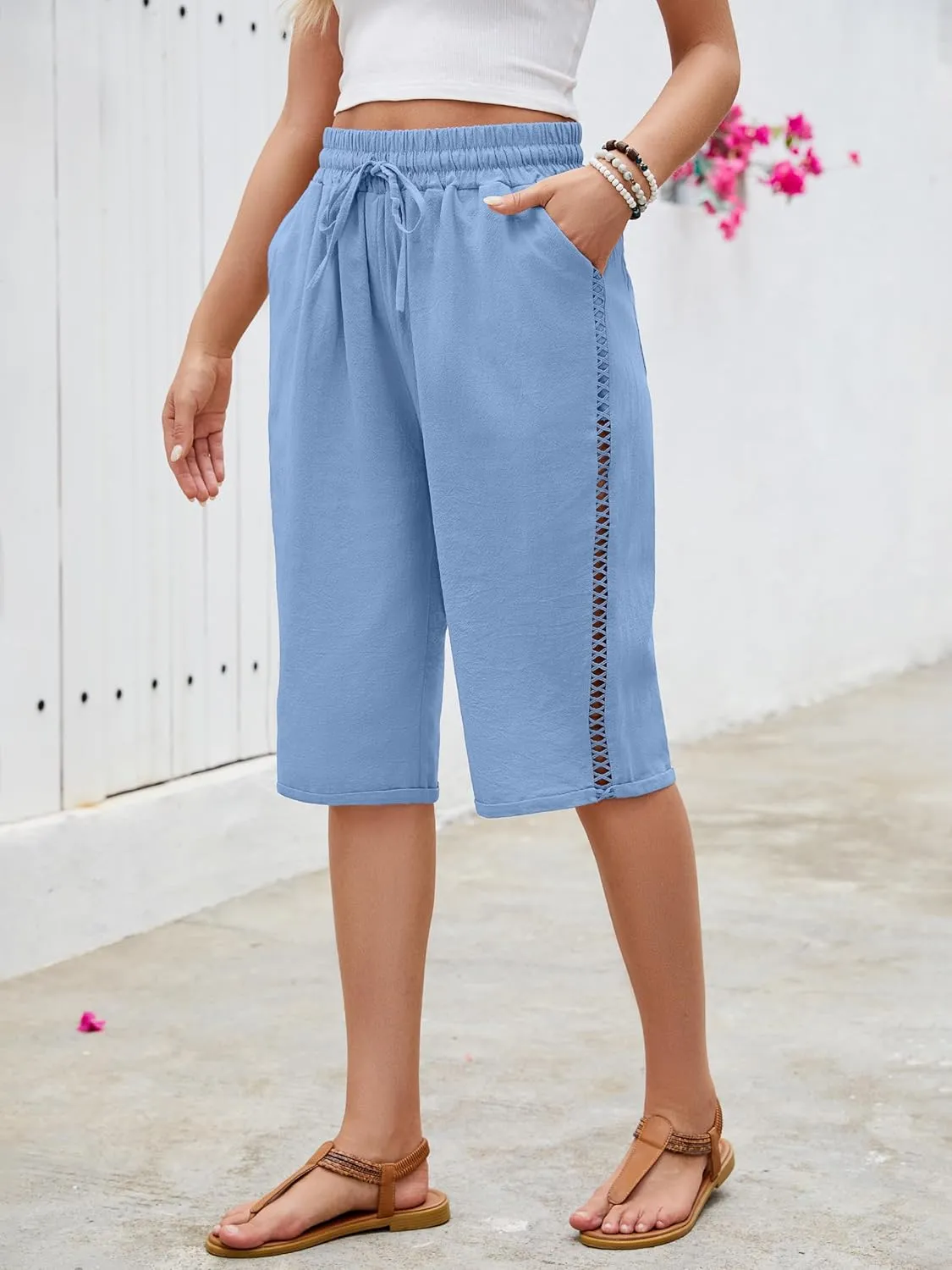 Puimentiua Women Linen Shorts Casual Knee Length Bermuda Shorts with Hollow Side Summer Beach Lightweight Capri Pants
