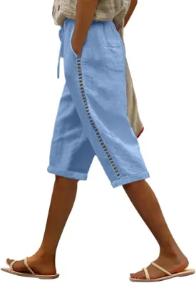 Puimentiua Women Linen Shorts Casual Knee Length Bermuda Shorts with Hollow Side Summer Beach Lightweight Capri Pants
