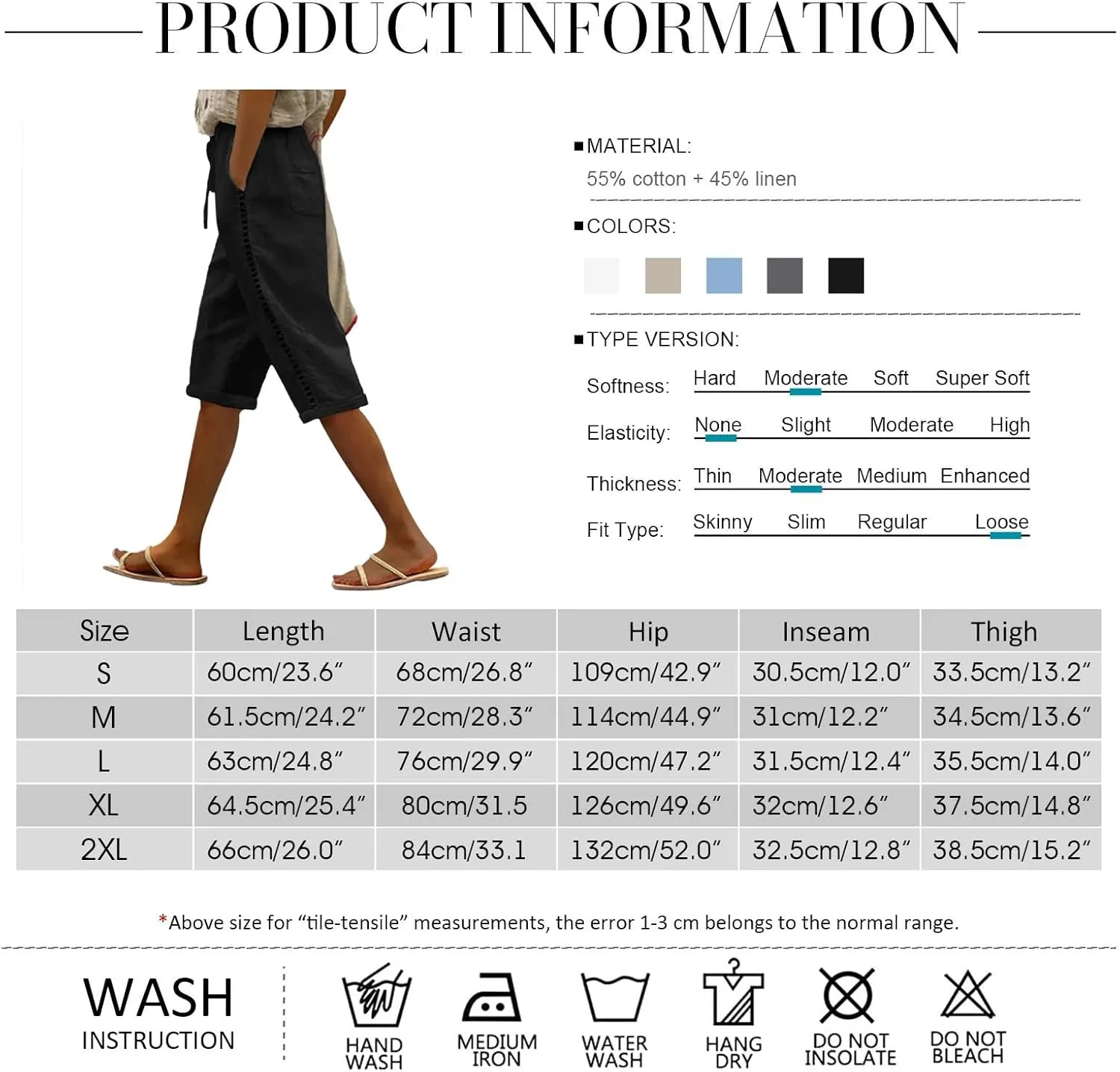 Puimentiua Women Linen Shorts Casual Knee Length Bermuda Shorts with Hollow Side Summer Beach Lightweight Capri Pants