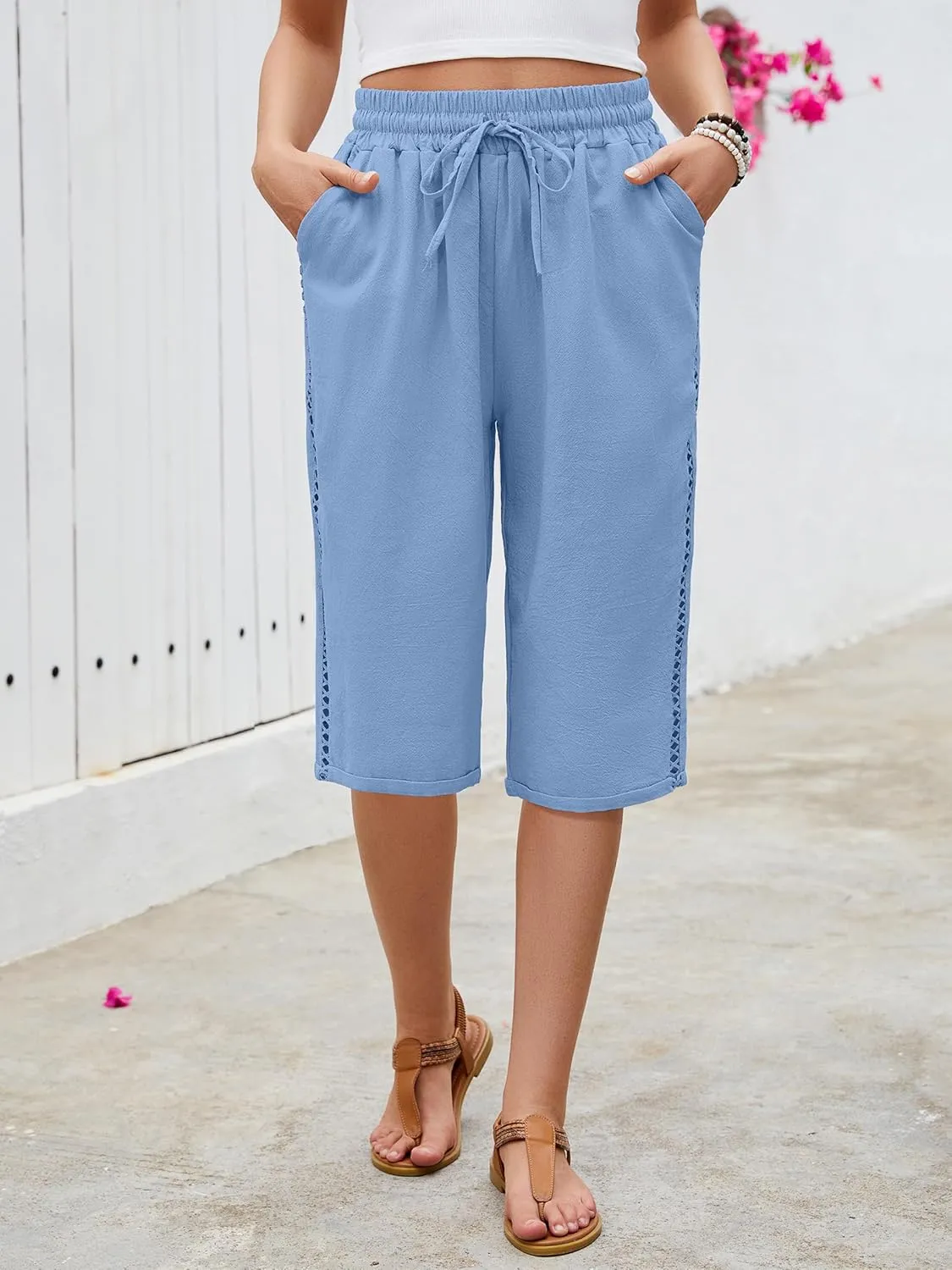 Puimentiua Women Linen Shorts Casual Knee Length Bermuda Shorts with Hollow Side Summer Beach Lightweight Capri Pants