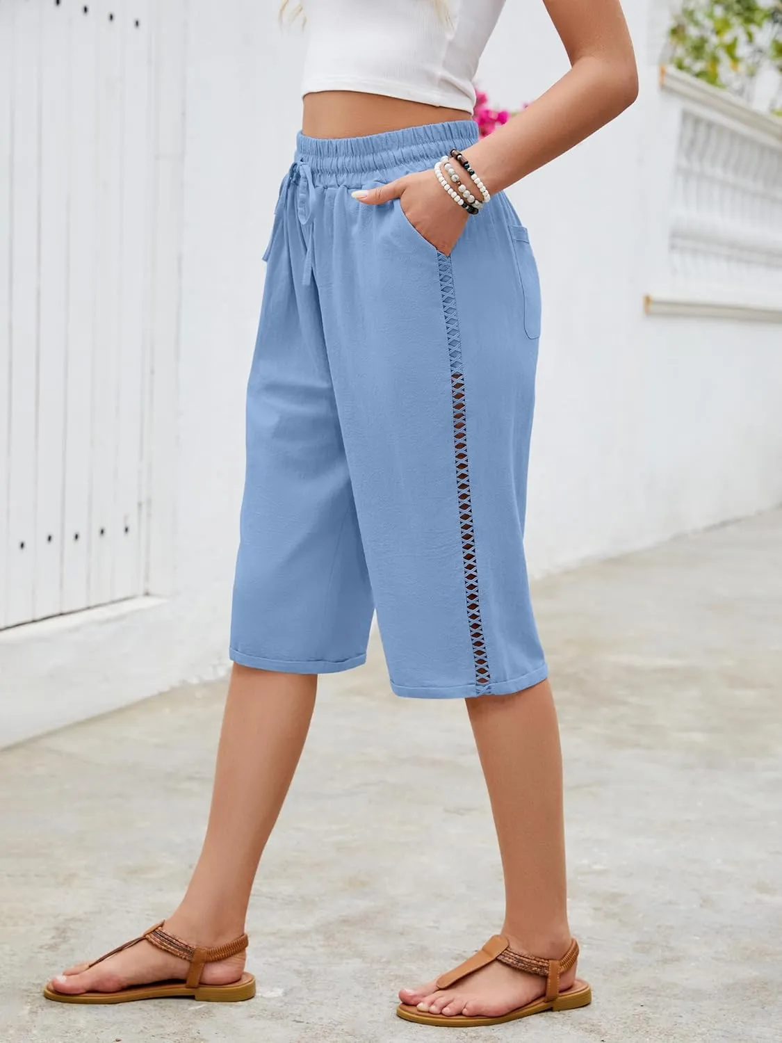 Puimentiua Women Linen Shorts Casual Knee Length Bermuda Shorts with Hollow Side Summer Beach Lightweight Capri Pants