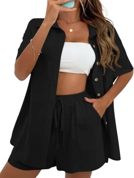 SeekMe Linen Short Sets for Women Short Sleeve Top Shorts 2 Piece Summer Beach Vacation Outfits Lounge Tracksuits