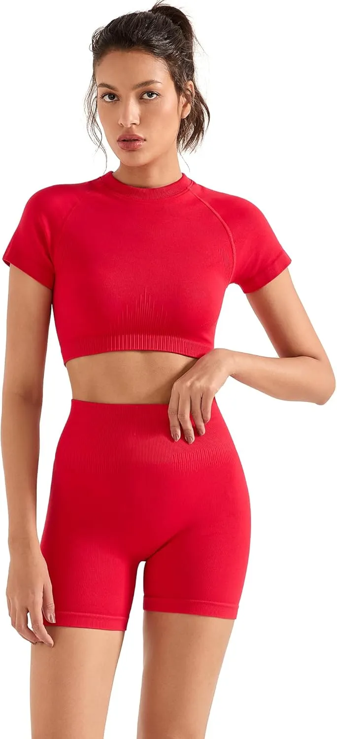 SUUKSESS Women 2 Piece Workout Sets Hidden Scrunch Butt Lifting Biker Shorts Short Sleeve Crop Tops
