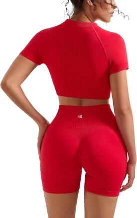 SUUKSESS Women 2 Piece Workout Sets Hidden Scrunch Butt Lifting Biker Shorts Short Sleeve Crop Tops